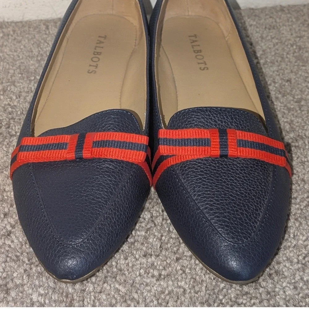 Talbots‎ Navy Blue Pebbled Leather Pointed Toe Loafers Striped Bow 6.5M Womens